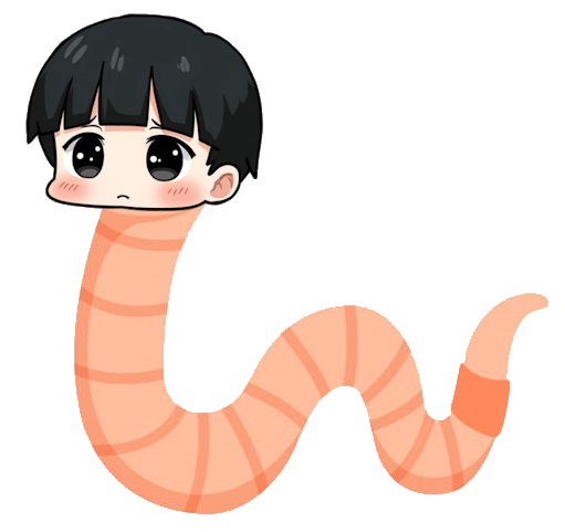 A picture of a fair skin boy's head on a pink worm body.