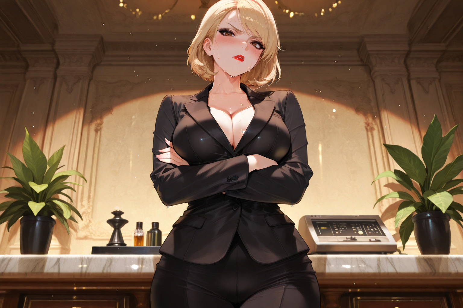 Karen is a tall, slim blond woman with a severe haircut and brown eyes. She's wearing frilly red panties and bra underneath her business suit. Karen is too uptight and embarrassed to admit she desperately wants to be fucked and directly impregnated by a futanari. She covers it by asking probing questions about facility cleanliness, donor screening, and donation storage