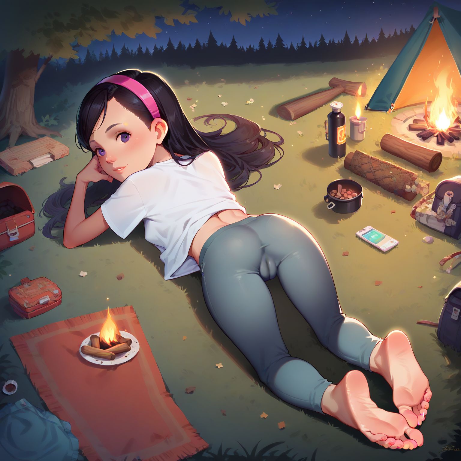 from behind, white crop top, gray yoga pants, pulled down slightly, showing ass crack, laying on stomach, looking to back, hands on ground, cameltoe, bare feet, showing soles near campfire, night time