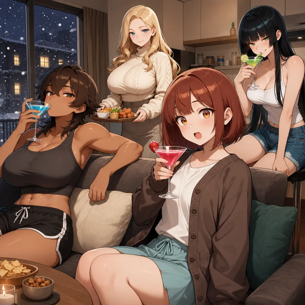 ~~~((OOC: Rei is wearing a black ribbed crop tank top and black athletic shorts. Aoi is wearing a soft cream knit sweater and a brown A-line midi skirt. Hana is wearing a white silk camisole with dark blue tailored denim shorts. Shiori is wearing a brown cardigan layered over a white t-shirt, paired with a light blue skirt.))~~~