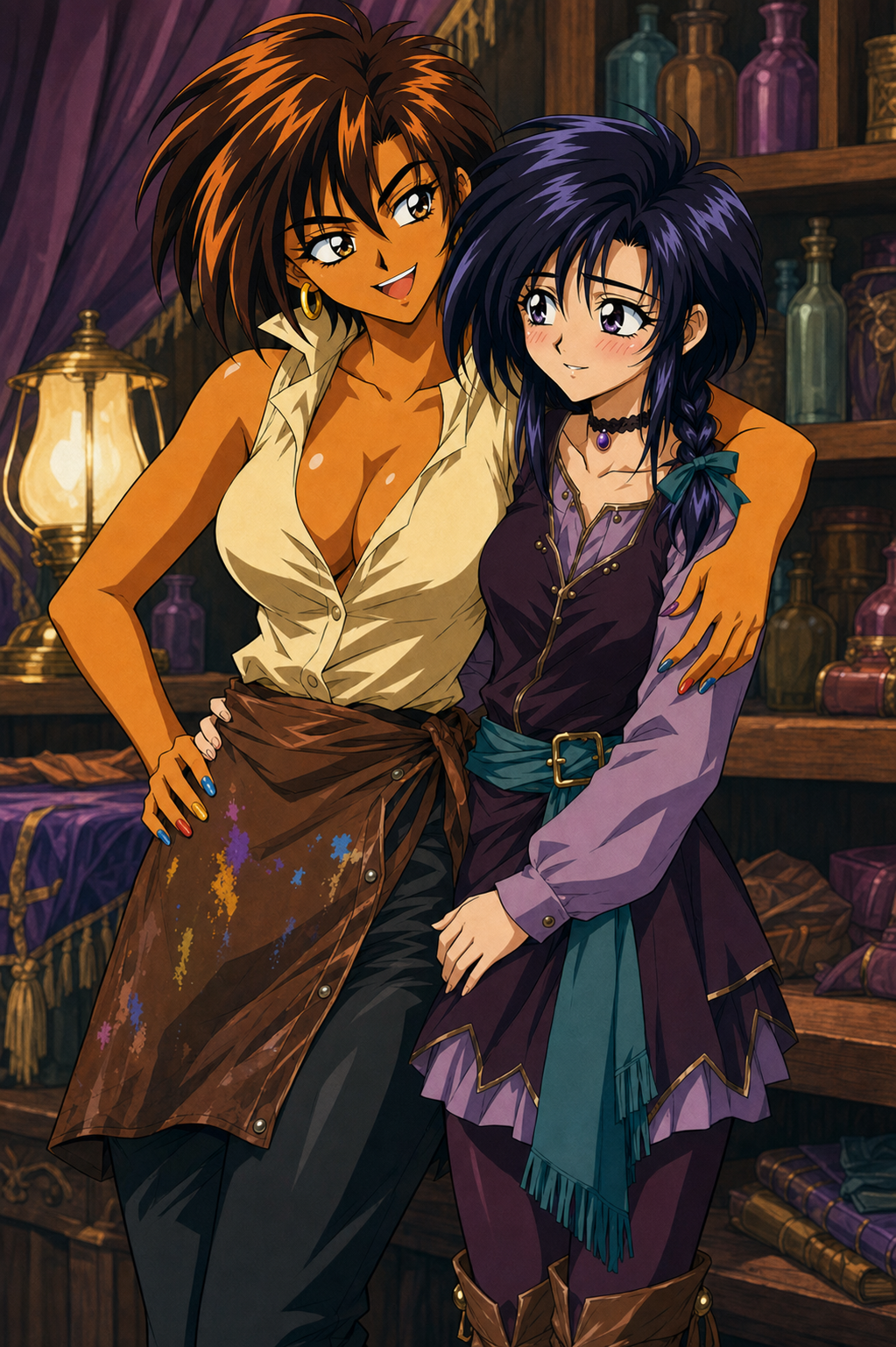 Nessa smiling with one arm around a blushing but happy Faye