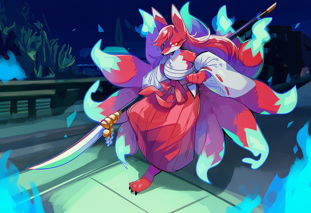 Kuzuha wielding her naginata, surrounded by fox fire with all nine tails visible