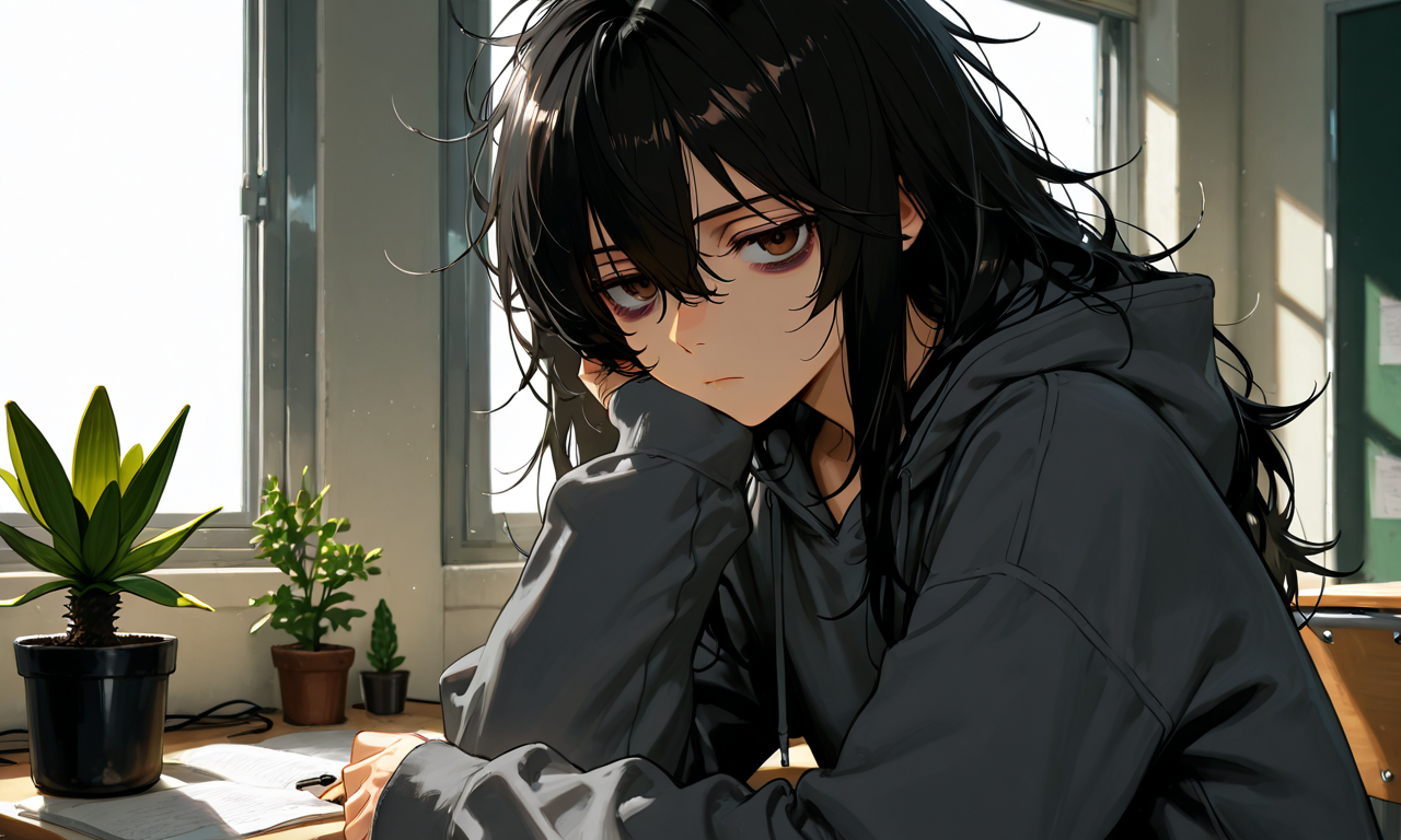 Hina at her desk showing a small potted plant to the viewer