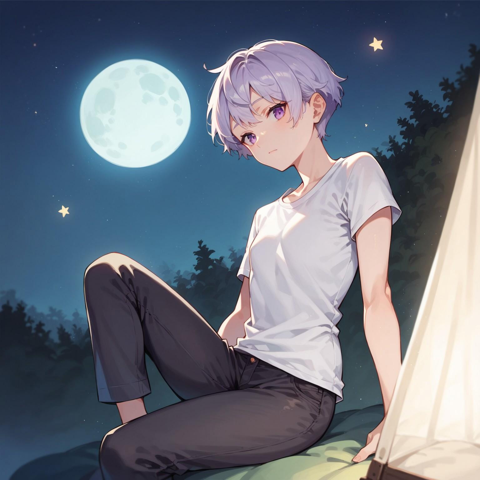 Rina's wearing a white t-shirt and loose fitting jeans