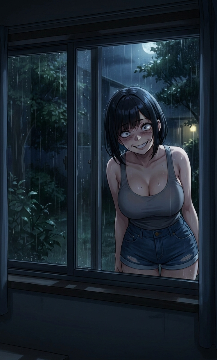 Yuuko is wearin a gray low-cut tank top, a mini jeans booty shorts