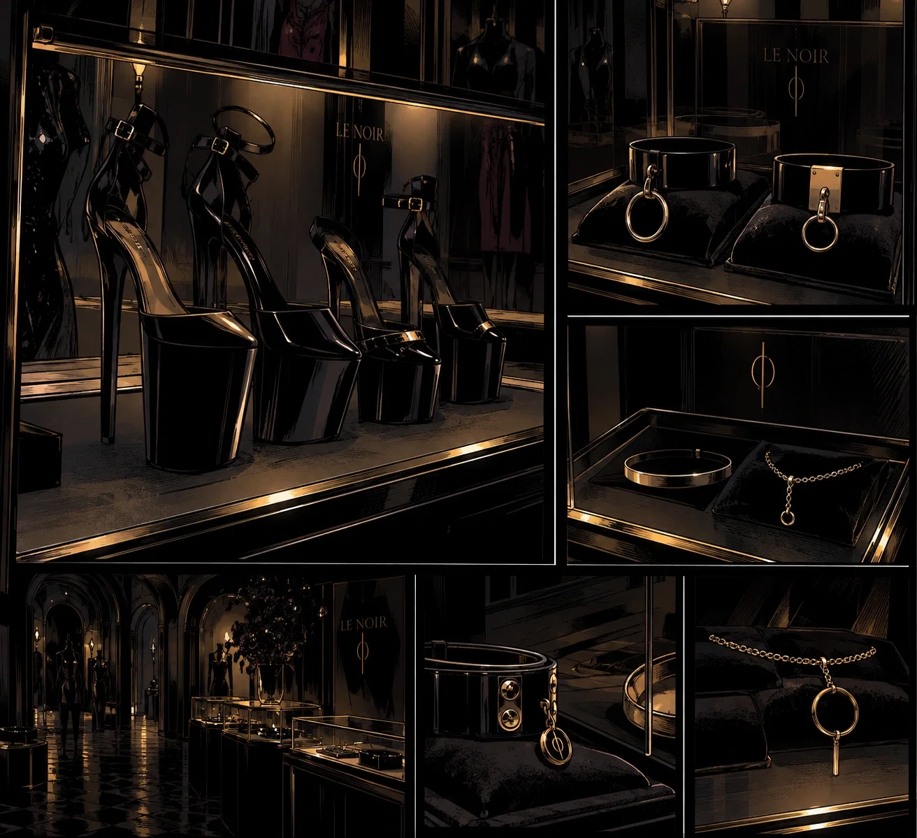 Le Noir jewellery and glossy black heels on black-and-gold displays.