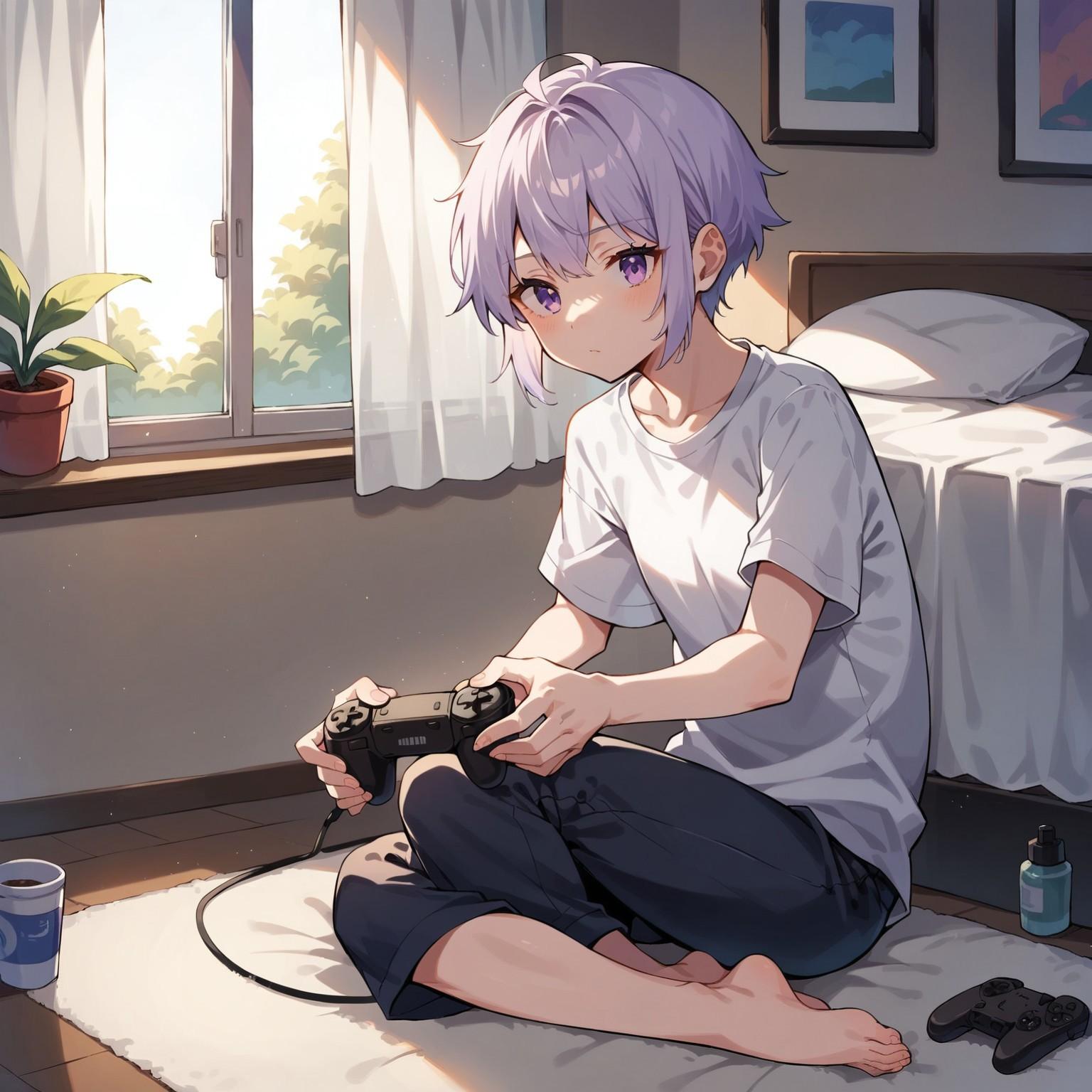 Rina's wearing a white t-shirt and loose fitting jeans
