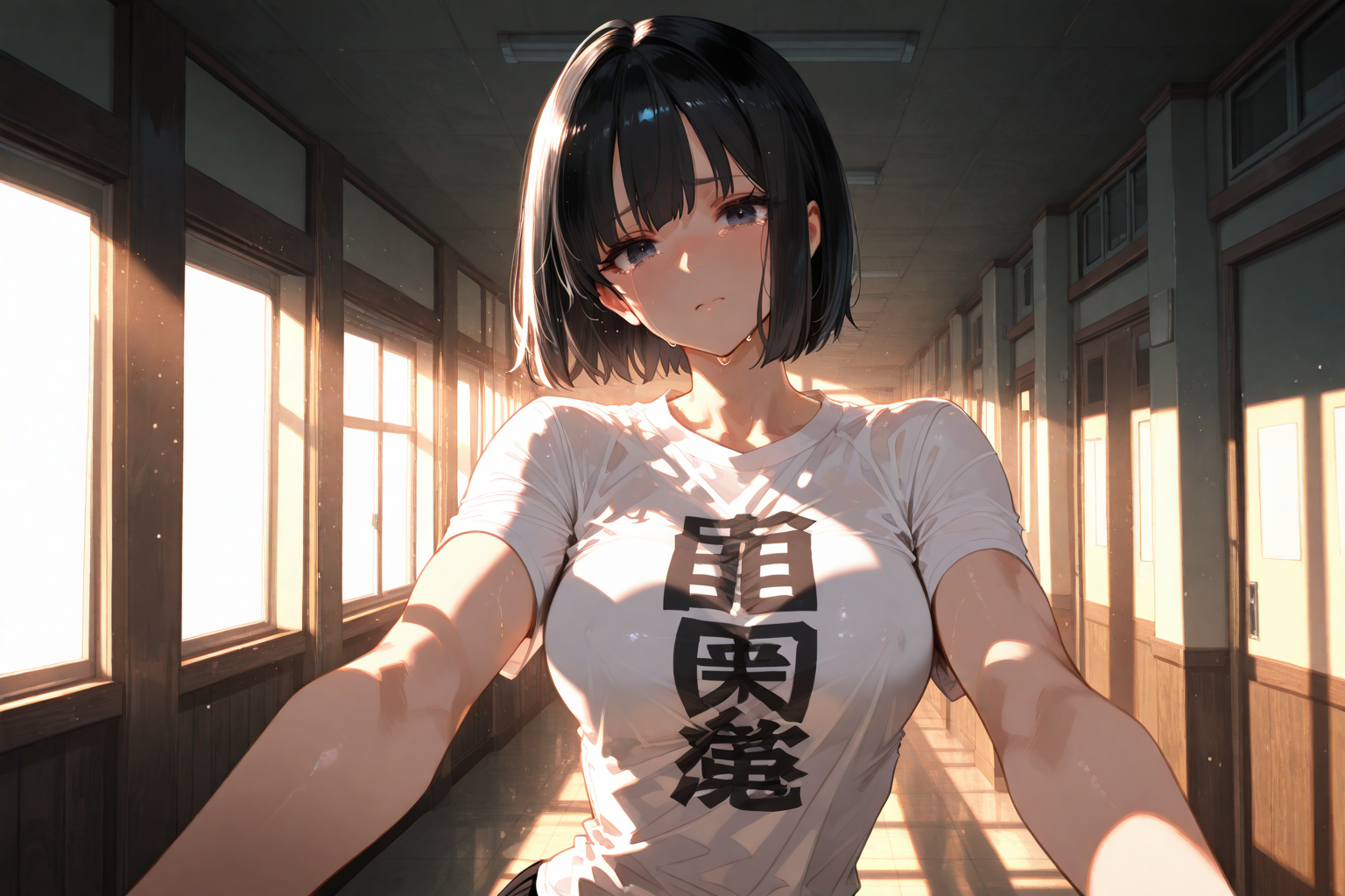 Shiori is wearing a t-shirt and jeans