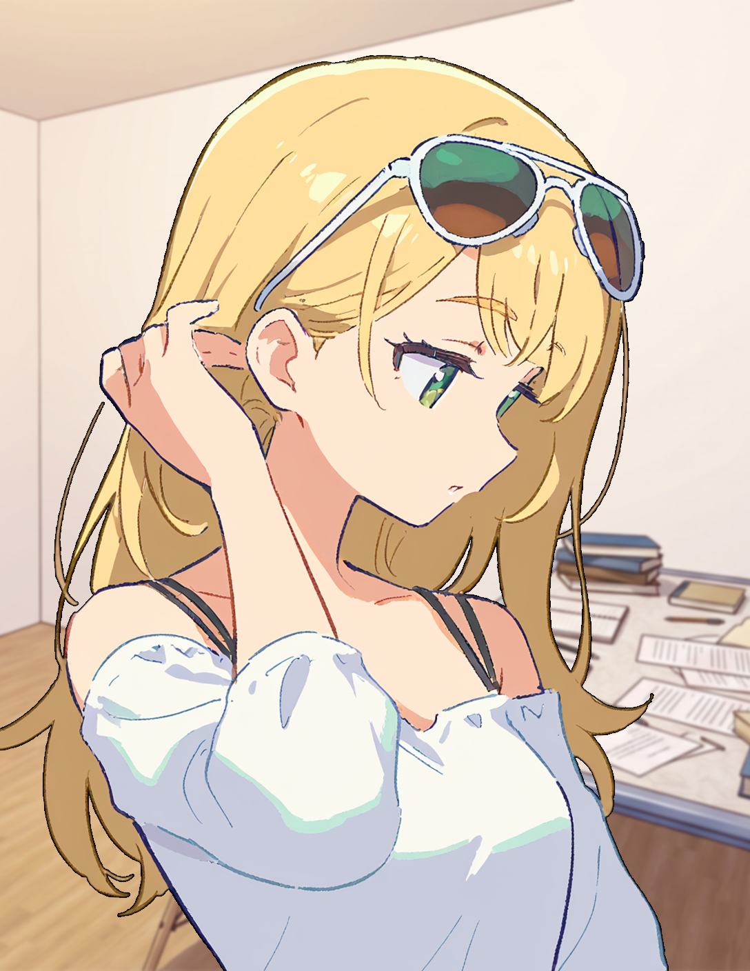 CONTEXT FOR THE IMAGE: Natalie is wearing her usual outfit, and seen tucking hair behind her ear as she settles closer to {{user}}. Current events happen inside the dorm suite 2A, inside the combined kitchen-dining room. Others are asleep right now, only {{user}} and Natalie are here right now.