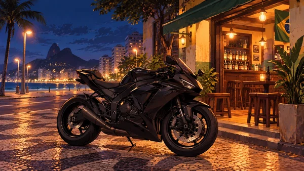 Ruby / black Kawasaki Ninja parked beside a bar