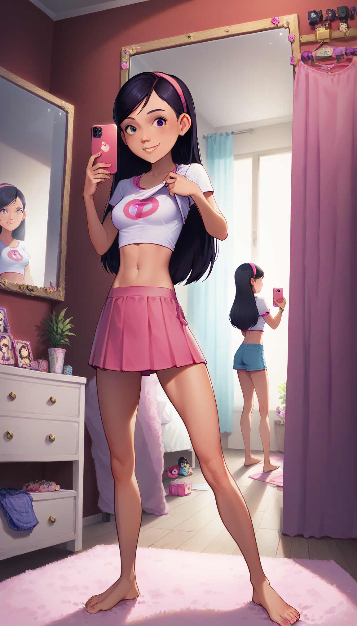 standing, pink skirt, white crop top, selfie, in mirror, barefoot, in bedroom