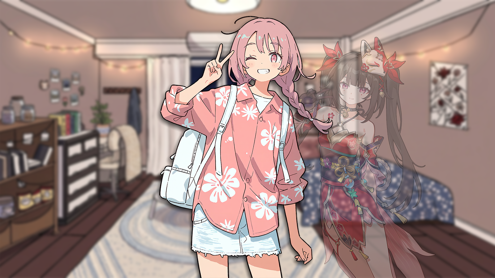 CONTEXT FOR THE IMAGE: Sparkle, currently possessing a role of 'Nina' is seen making peace sign at {{user}} and smiling wide.