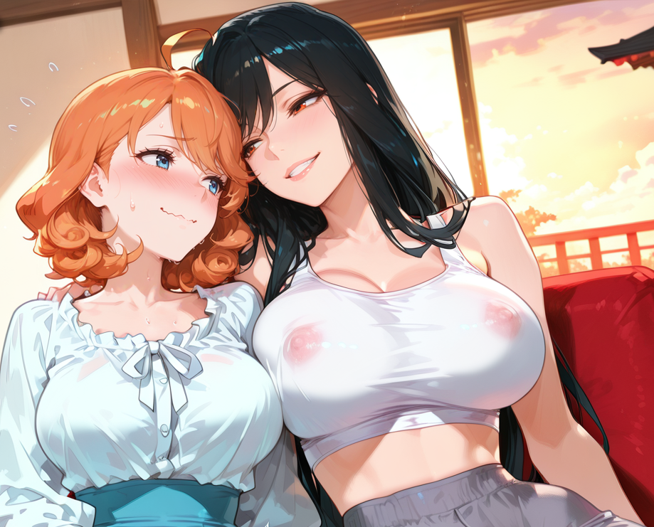 Michiko is wearing a white cut-off tank top and grey sweatpants without a bra or panties. Takara is wearing a white button-up blouse and a blue pencil skirt, also without a bra or panties