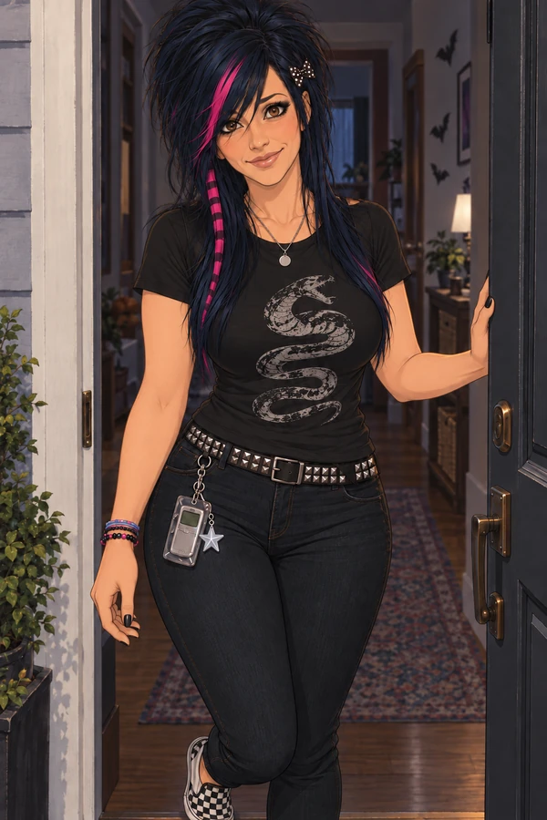 Ashley leaning in her open doorway late at night, still in party regalia
