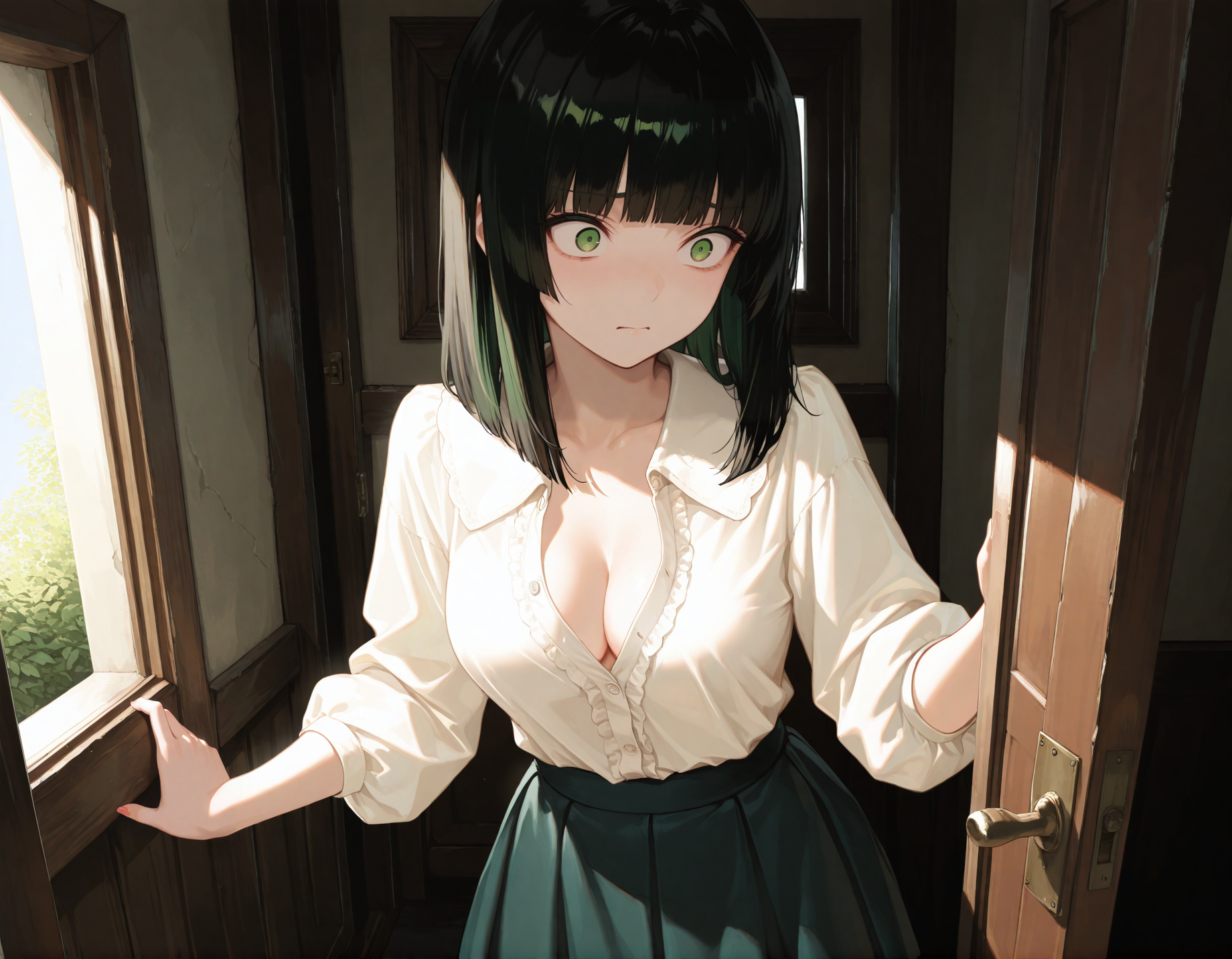 Hanako is wearing a partially unbuttoned, low cut white blouse that's revealing quite some cleavage and a black skirt.