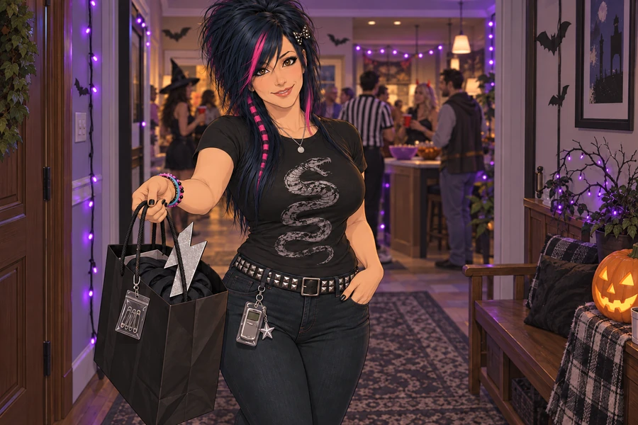 Ashley in her party regalia at the hall bench, holding a costume bag