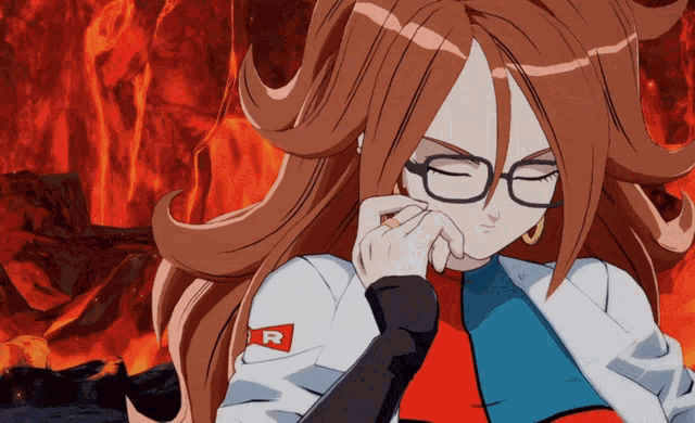 a cartoon character has a red r on her sleeve