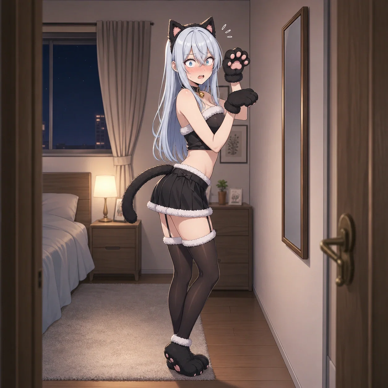~~~((OOC: Shion is wearing a black catgirl cosplay: a headband with black cat ears, a bell collar, a fur-trimmed tube top and pleated miniskirt, a clip-on black tail, garters with fur-trimmed thigh-high stockings, and oversized paw gloves and paw shoes.))~~~