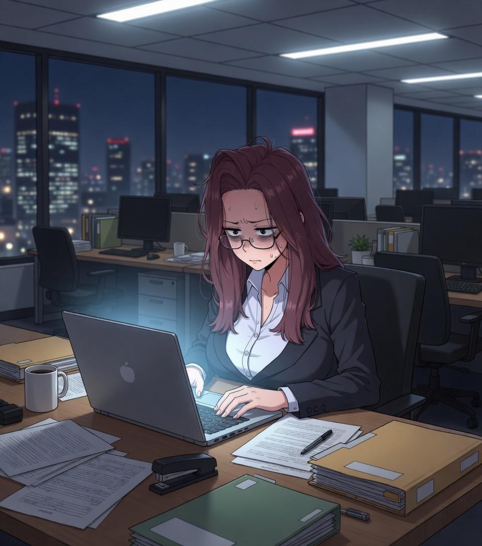 Maria is on her desk, working in her laptop late at night in the office.