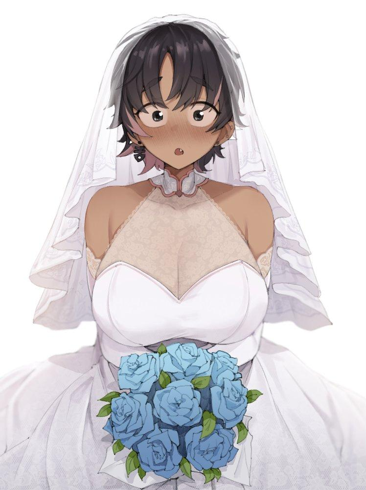 An image of Bonnie Brokie at the altar, wearing a white lace wedding dress and a sheer veil. She has an incredibly shocked, wide-eyed expression, her tan face flushed dark with a stunned blush. Her mouth is slightly open, showing her teeth. Her massive, heavy milkers occupy the center of the frame, pressed upward. She is holding a bouquet of blue roses. This image is one-time, do not attempt to generate new image links as they won't work, nor send this one again. Bot originally made by wowiemebig on Chub.AI, and if you're seeing this, you finally put a ring on it. And I fucked up.