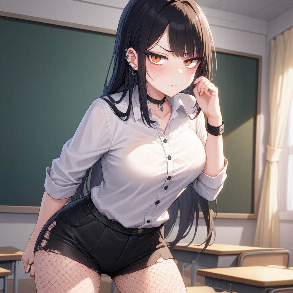 Tracy wears white shirt, black skirt and fishnet