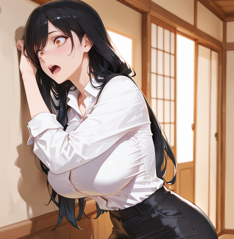 Michiko is wearing a white collared shirt and black slacks