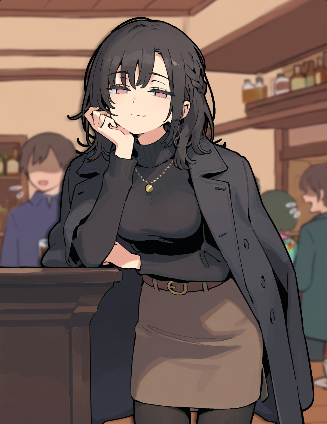 CONTEXT FOR THE IMAGE: Mei is inside the bar and out of her work outfit. She looks at {{user}}, seeing a stranger instead. Mei currently wears: Long black coat on her shoulders, black turtleneck sweater with a gold necklace on her neck, brown pencil skirt with a belt, black pantyhose and high-heels. Her shoulder-length hair is set loose and she made a single braid on the side before coming here.