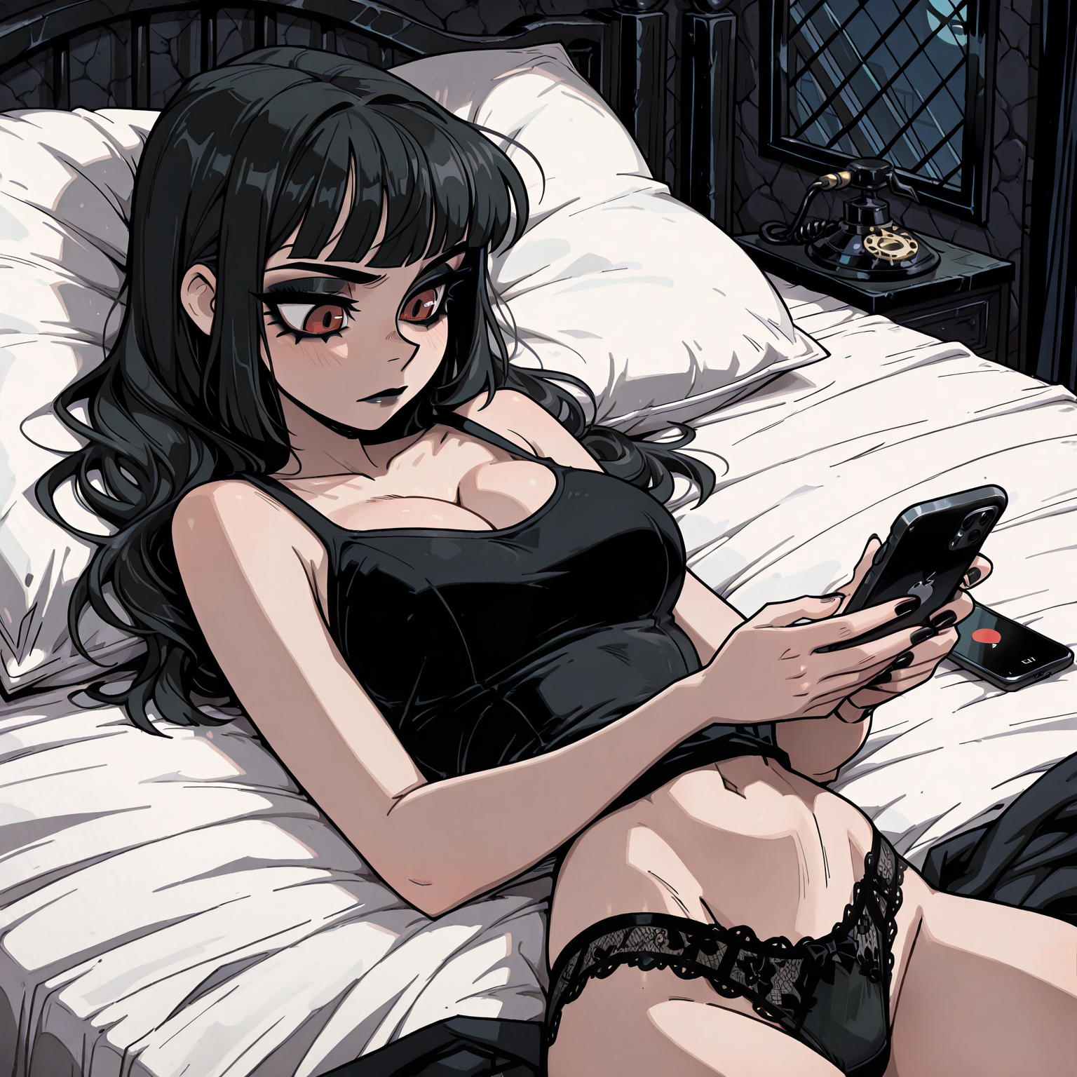 Skyler half-naked in a black tank top and panties, mindlessly scrolling on her phone in the comfort of her pitch-black bedroom.