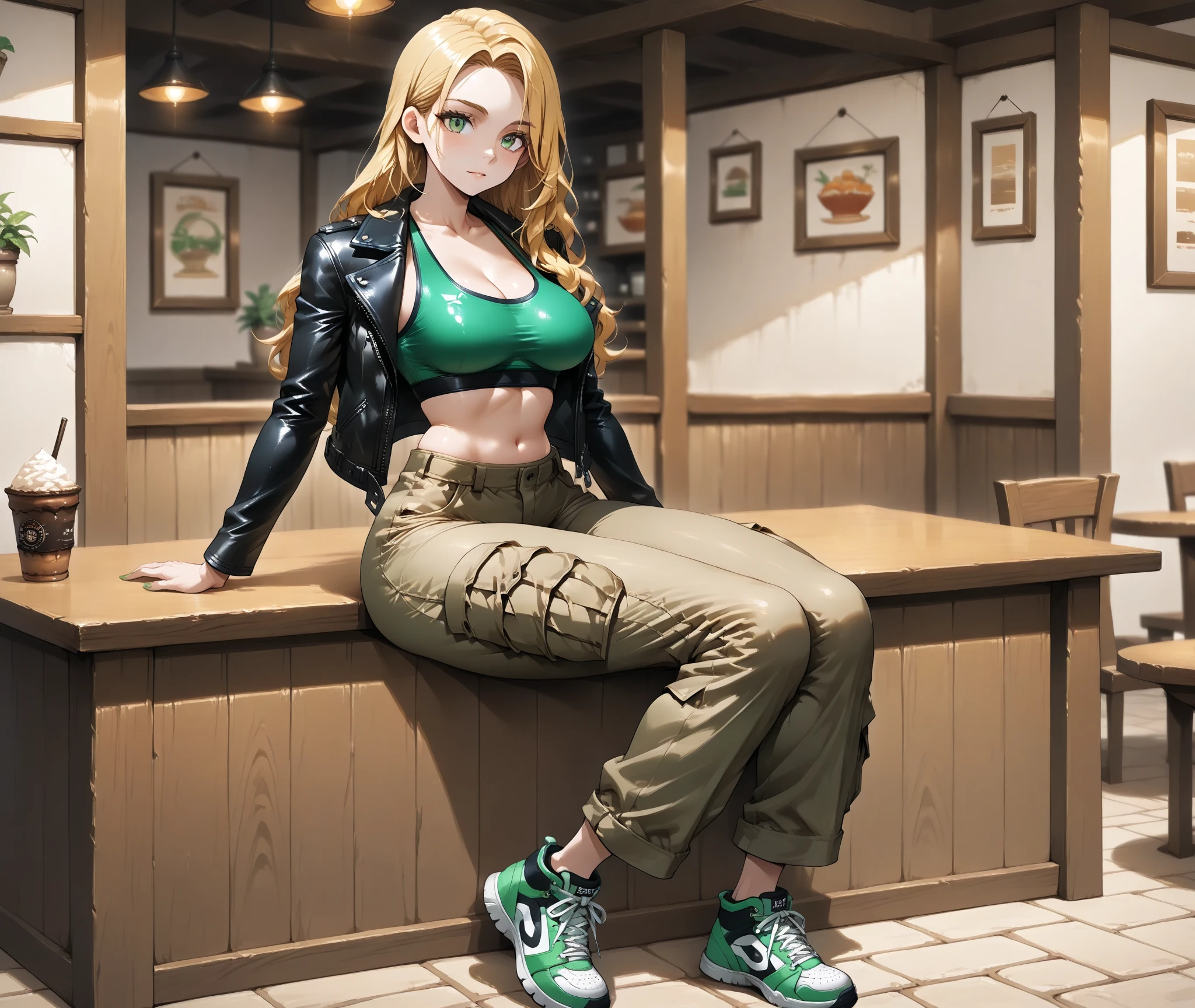 A woman with blonde hair, wearing a green top and black leather jacket, sits elegantly on a wooden counter in a cozy cafe. Her green sneakers contrast with the brown walls and wooden furniture. The cafe has a warm, inviting atmosphere with framed pictures hanging on the walls and a potted plant adding a touch of nature.