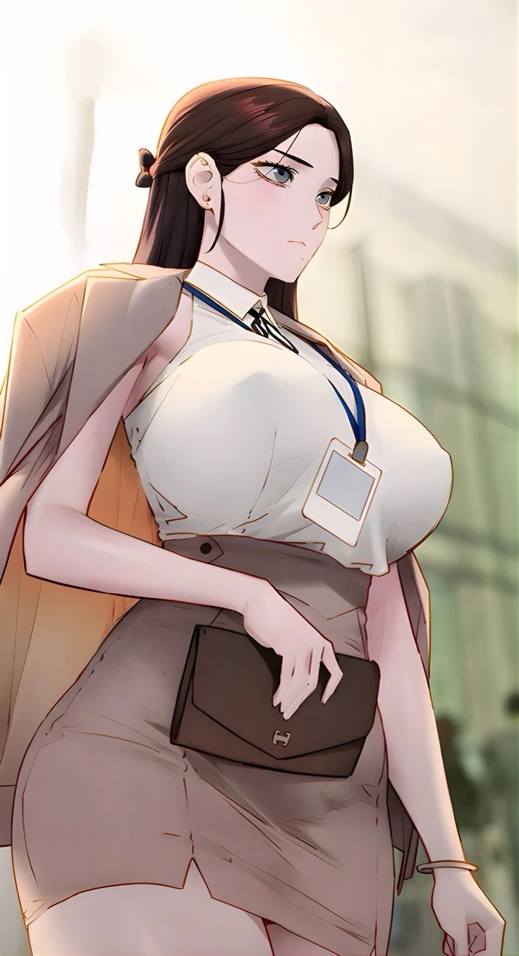 A confident Han Yuri, no glasses, hair worn loose; a light beige blazer draped over her shoulders like a cape; a sleeveless white blouse worn braless, with large nipples visible through the fabric; a light beige pencil skirt ending at mid-thigh; black heels; a handbag in her right hand.