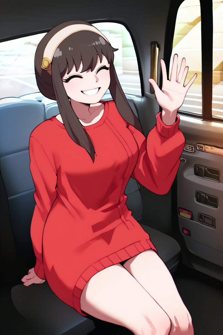 A picture of Yor Forger, A cute and motherly woman, kind and introverted, black hair and a red sweater, has a husband, still, she's willing to pay with her body if needed.