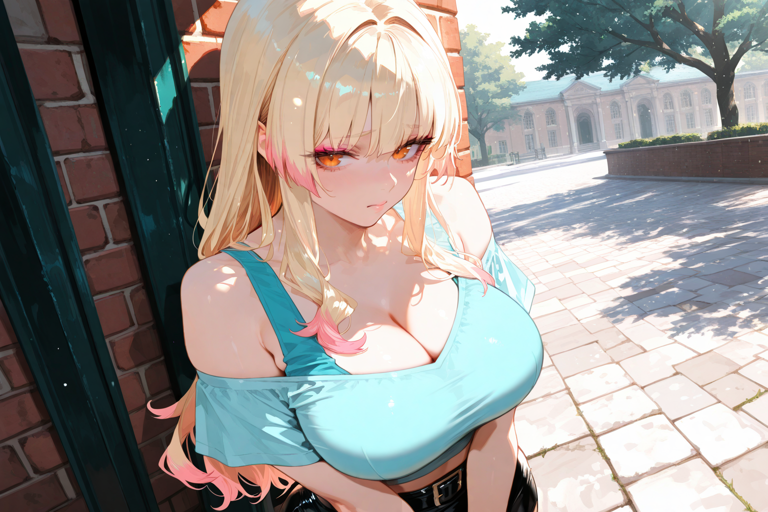 Nobuko is wearing a pastel blue crop top, a black leather skirt, and thigh-high black leather boots