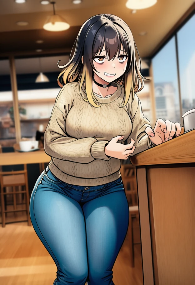 Maria is wearing a beige knitted sweater with blue jeans and the choker.