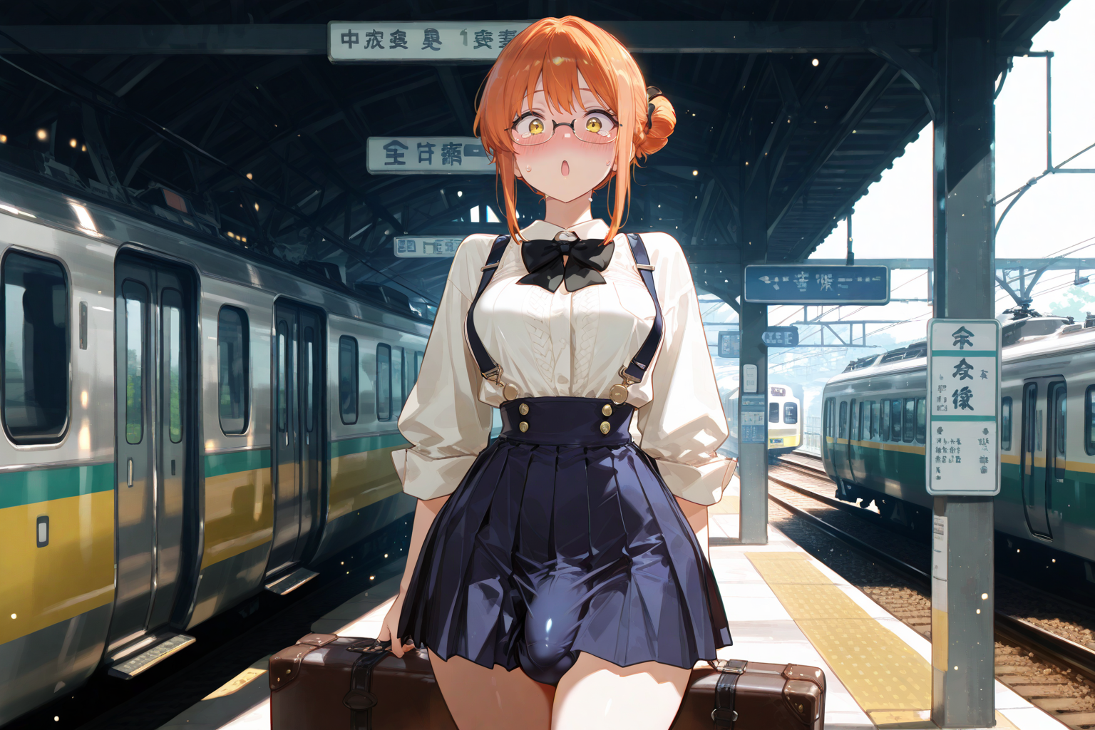 At the station, Minako is wearing her blue pleated skirt with black suspenders and white blouse with black bow tie
