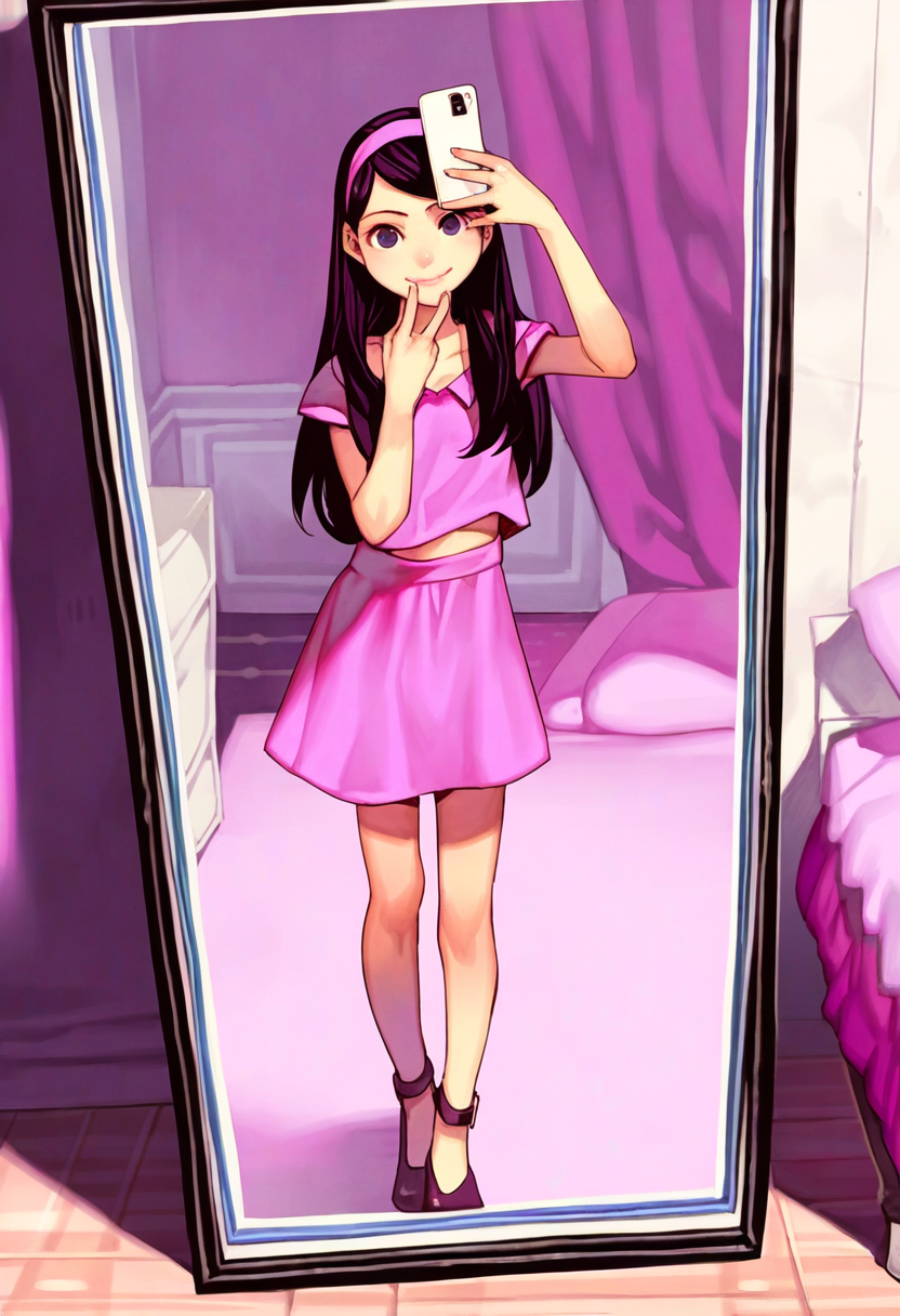 casual selfie, clothed, pink skirt and shirt, peace sign, high heels