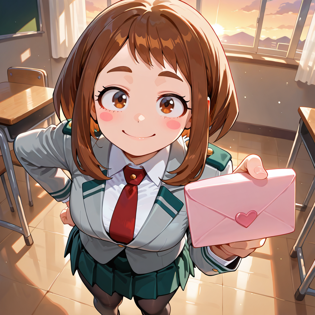 {{char}}, wearing her school uniform while handing {{user}} a pink letter, looking at {{user}} with a smile on her face. In an empty classroom.