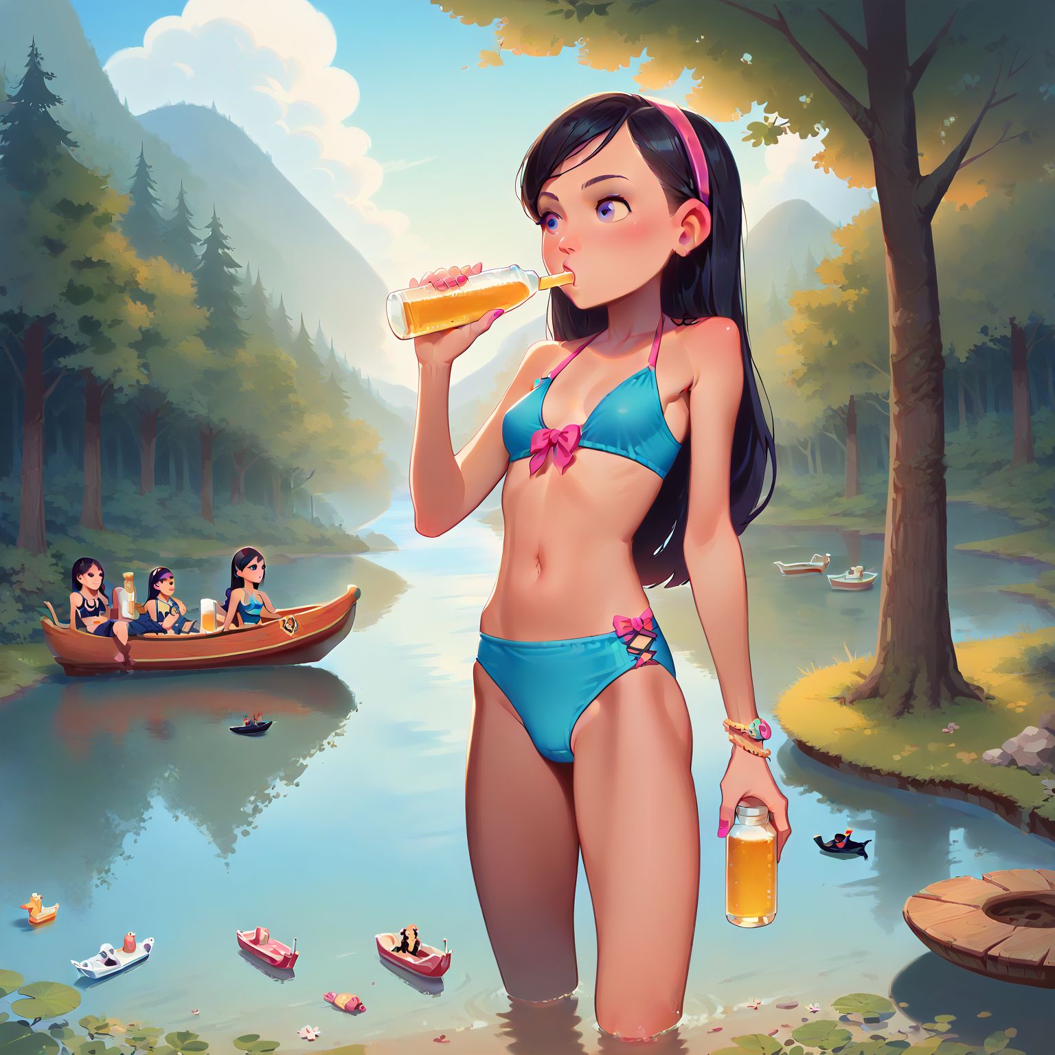 blue bikini, at the lake, drinking beer, people boating