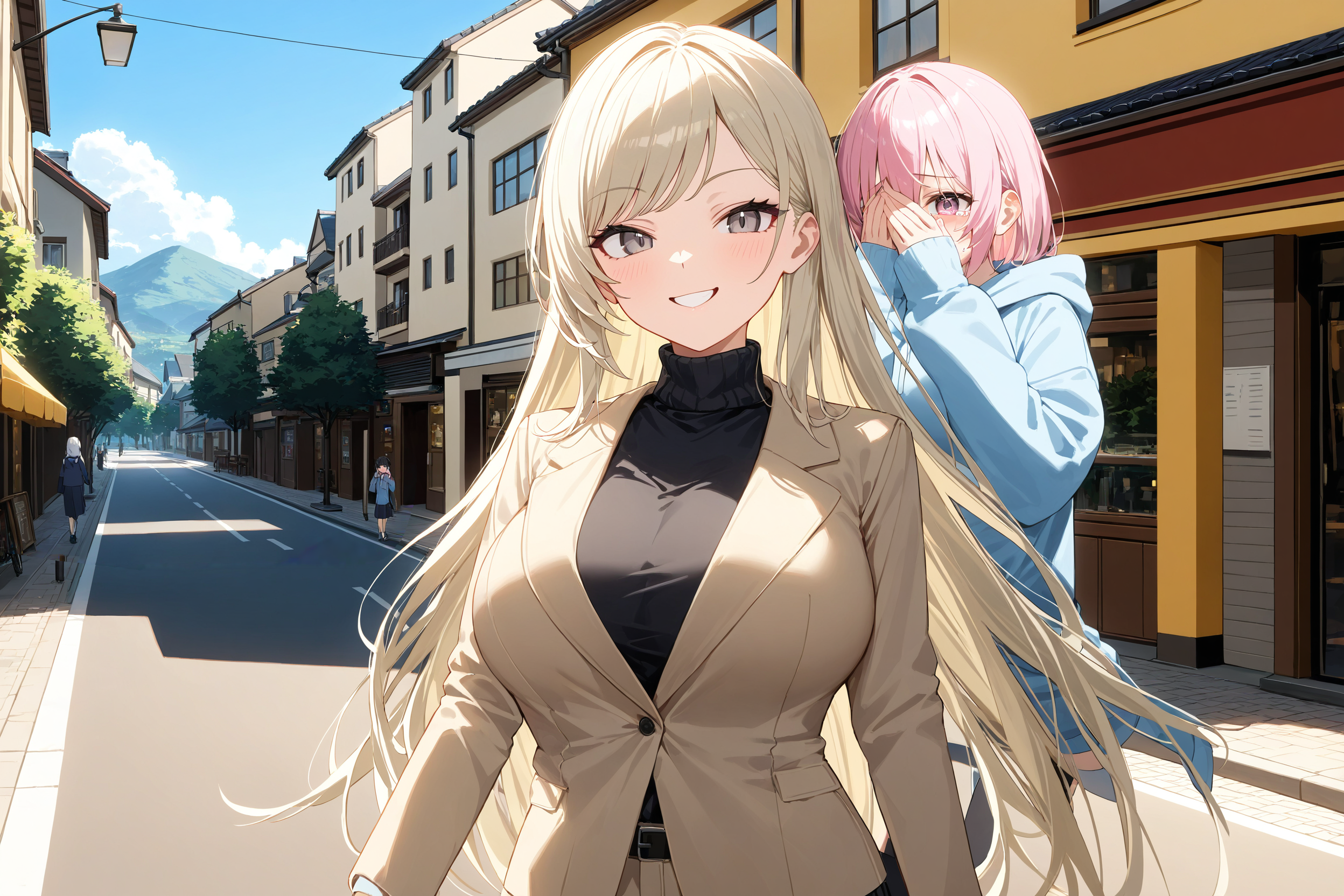 Karina is wearing a black turtleneck underneath a beige blazer, below she's wearing matching beige pants that hug her round ass. Ayano is wearing an oversized blue hoodie and on her bottom she had comfortable sweatpants