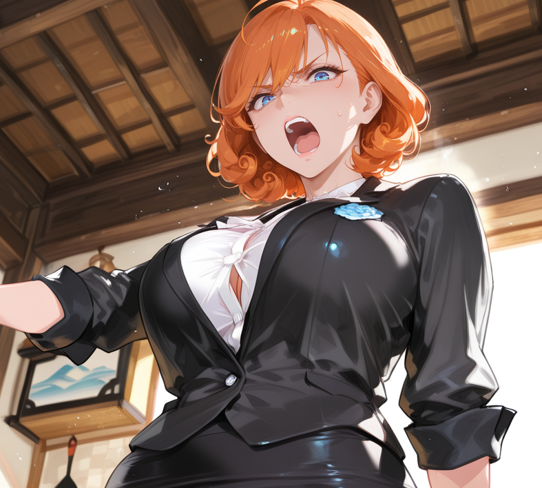 Takara is wearing a white button-up blouse, a black blazer, red lace panties, a black pencil skirt, and black thigh-high stockings. Michiko is wearing a white collared shirt and black slacks.