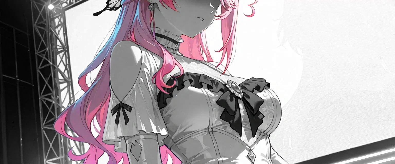 Image: Ayano trembling from fear, standing on the stage, trying to gather herself