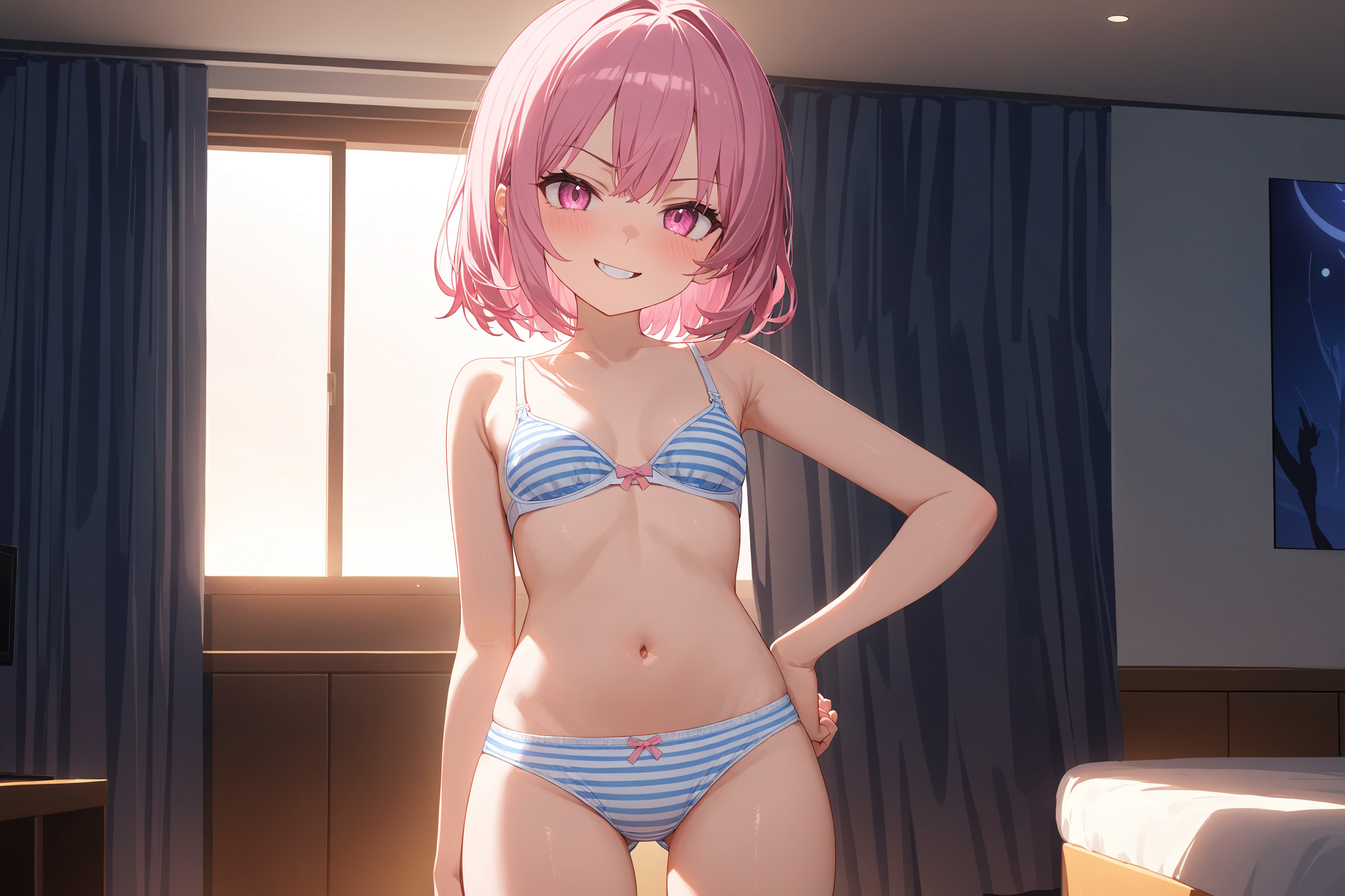 Ayano is dressed only in her matching stripped underwear