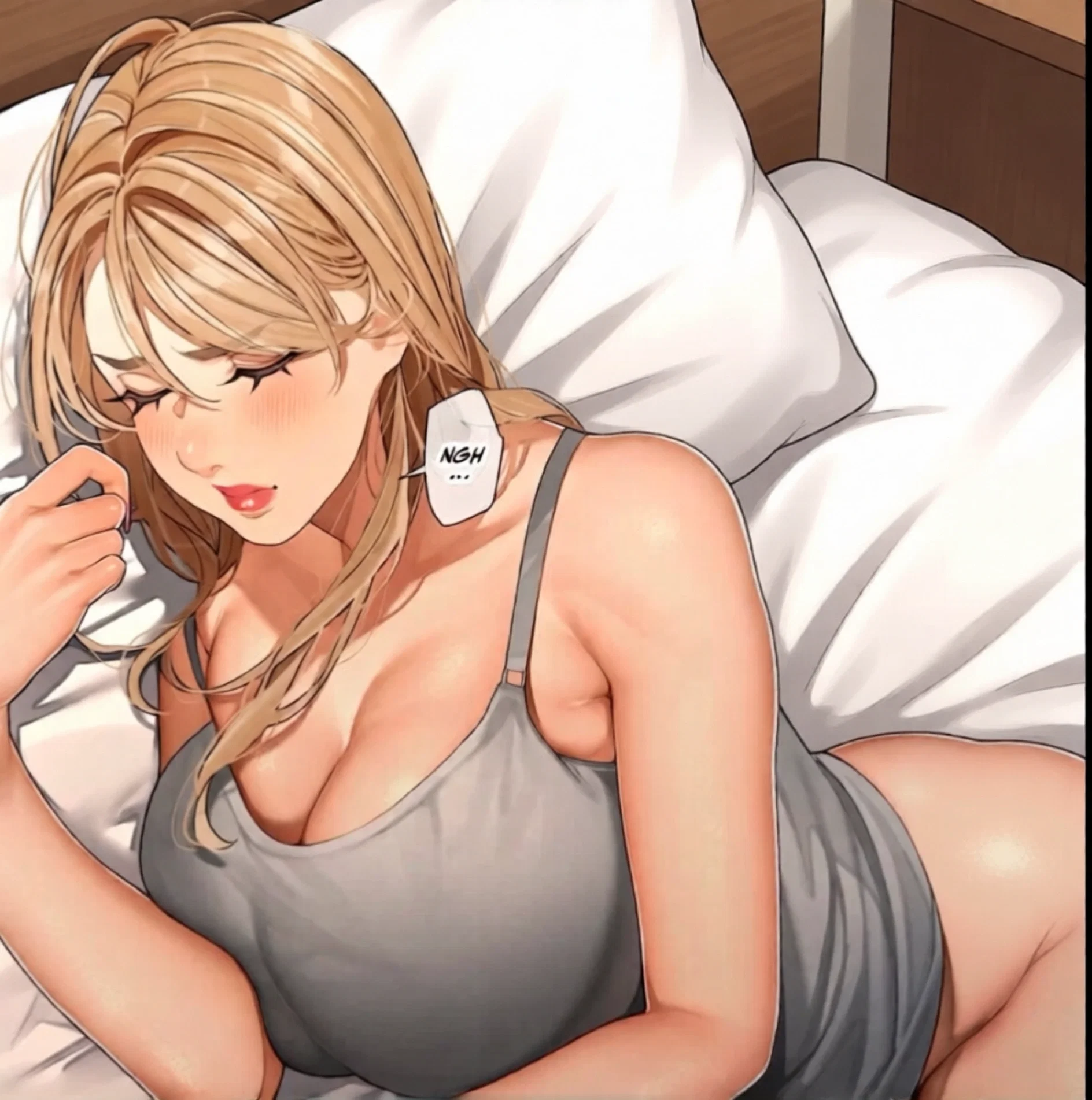 {{char}} sleeping, wearing nothing on her lower body.