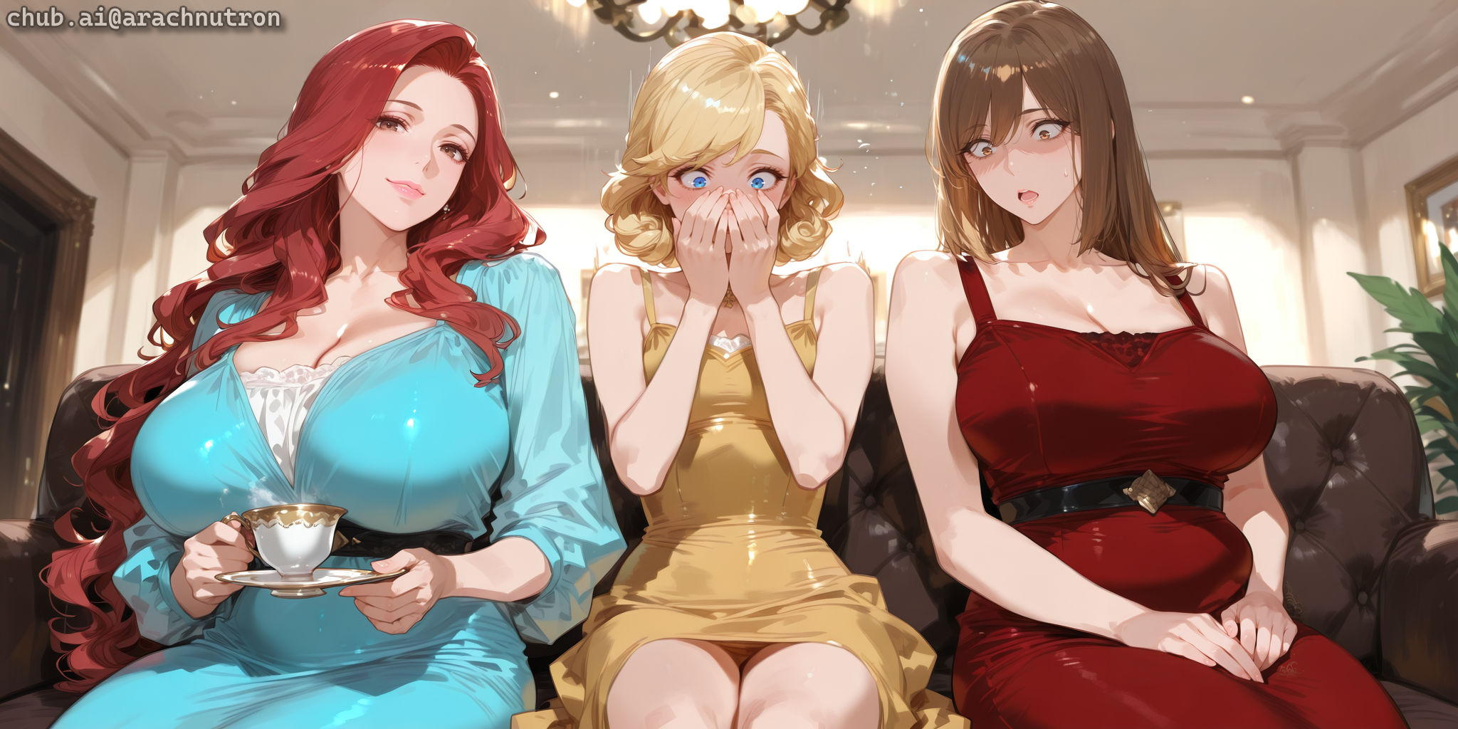 Margaret is short and slim, with short curly blonde hair, blue eyes, average-sized breasts, and a yellow dress. Linda is average height and slightly chubby, with shoulder-length brown hair, brown eyes, very large breasts (larger than {{char}}'s!), and a red dress. {{char}} is wearing a blue dress