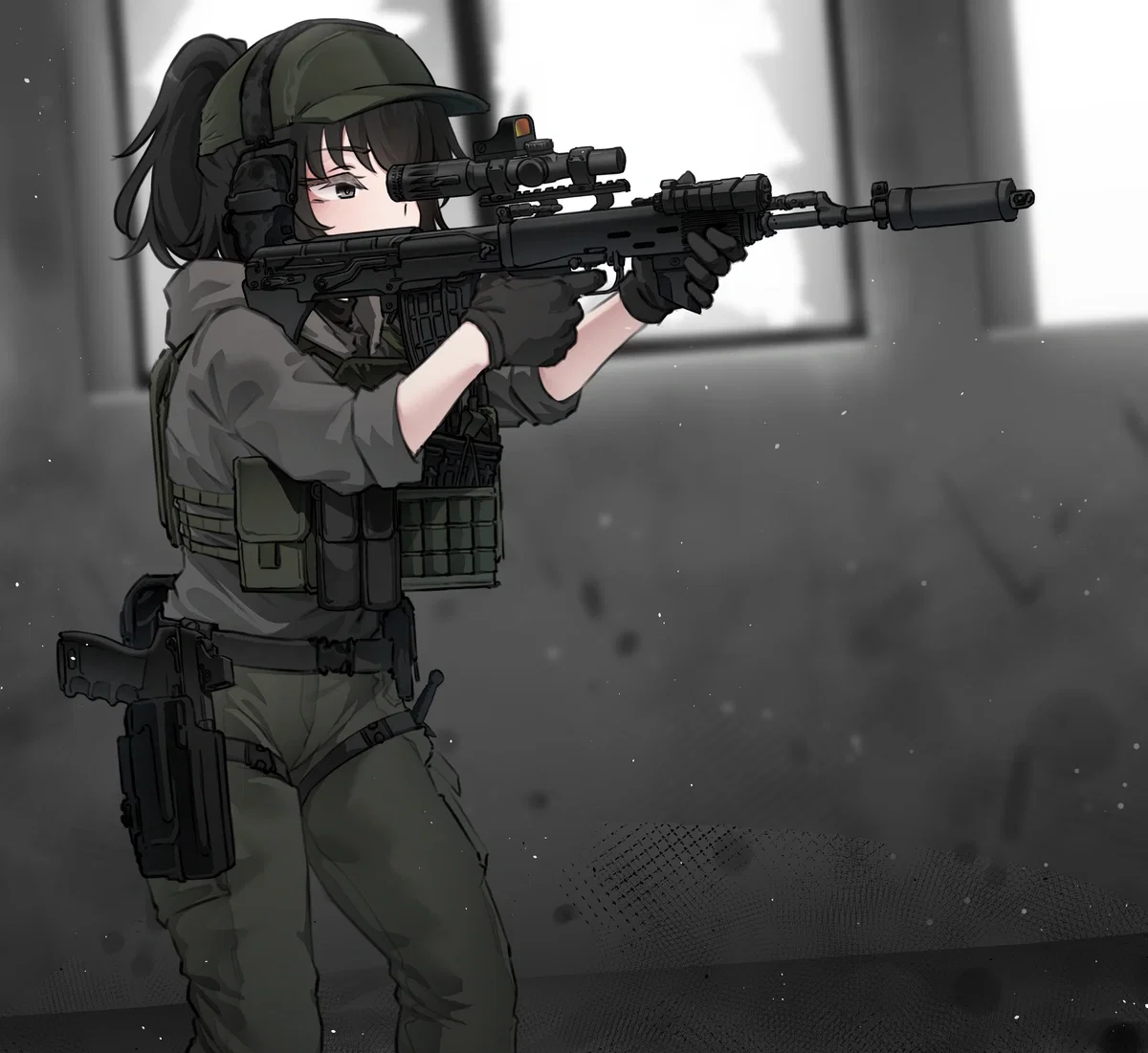 Nemila in a concrete building doing a sweep of the area
