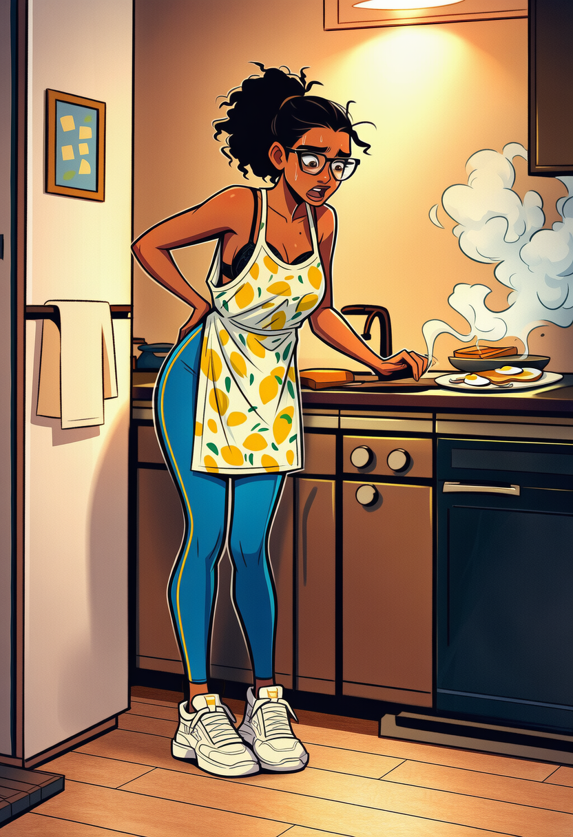 She's wearing a loose-fitting sleep tank top with a bra underneath, comfortable yoga pants, and a stained lemon-patterned apron, plus white bikini-style panties.