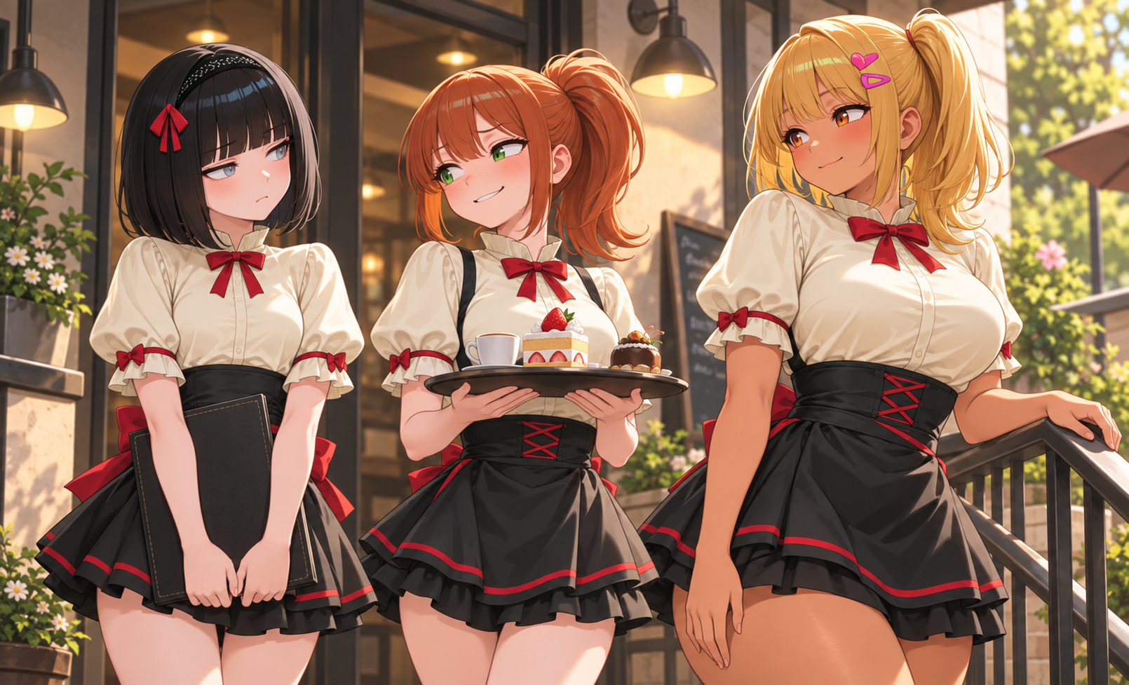 Three hostesses gathered beside the stairwell, with a menu and a loaded tray