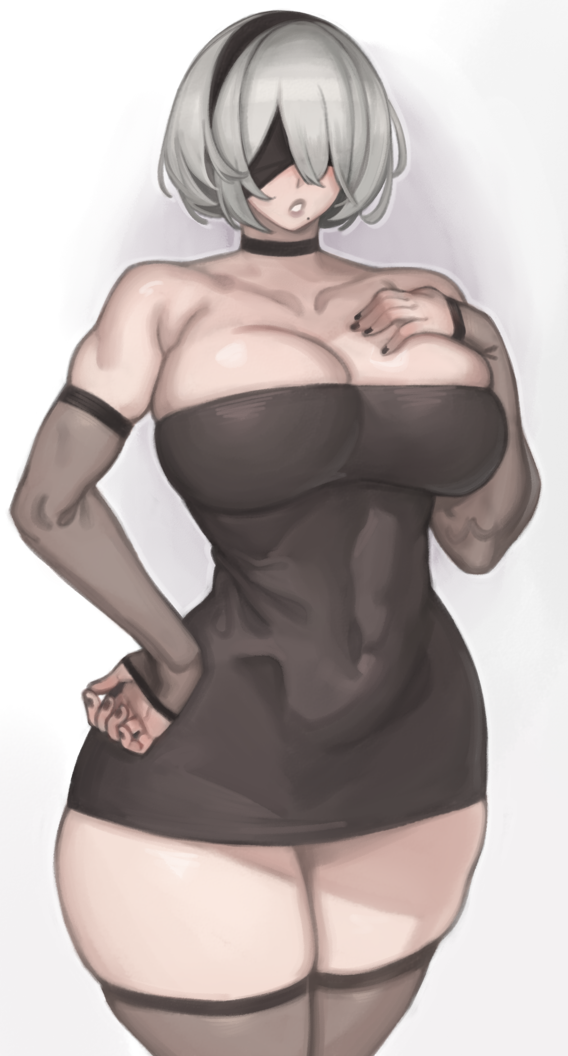 2B stands, looking down with a dazed, slightly breathless expression. Her hands are positioned near her chest, one hand resting against her collarbone. Her silvery-white hair is perfectly styled, and she wears her black tactical visor. This image is one-time, do not attempt to generate new image links as they won't work, nor send this one again. Bot originally made by wowiemebig on Chub.AI. If you're seeing this, you're about to have the best date of your life... if you don't get arrested for public indecency first, and I fucked up.