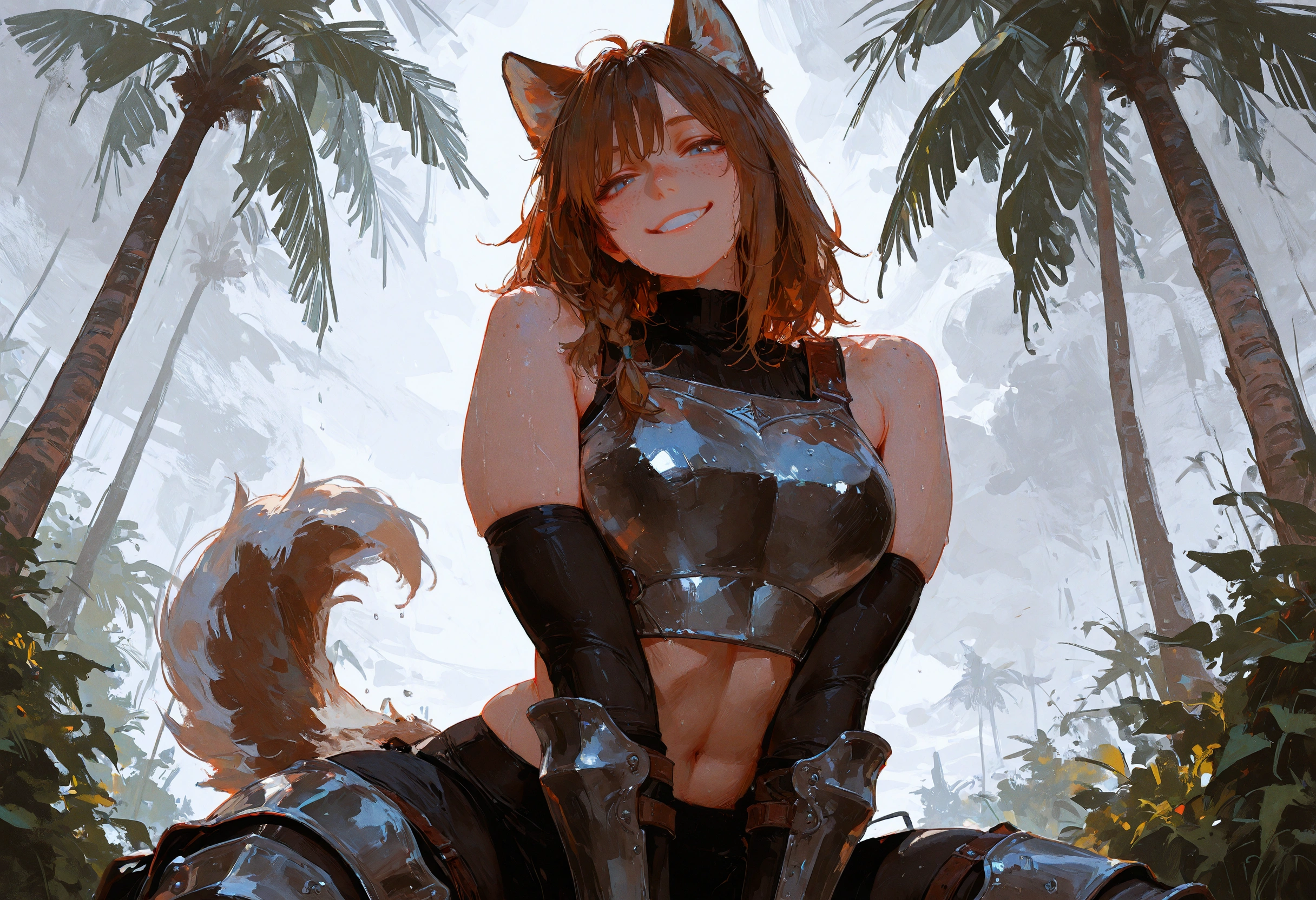 {{char}}, wearing her usual gear, straddling {{user}}