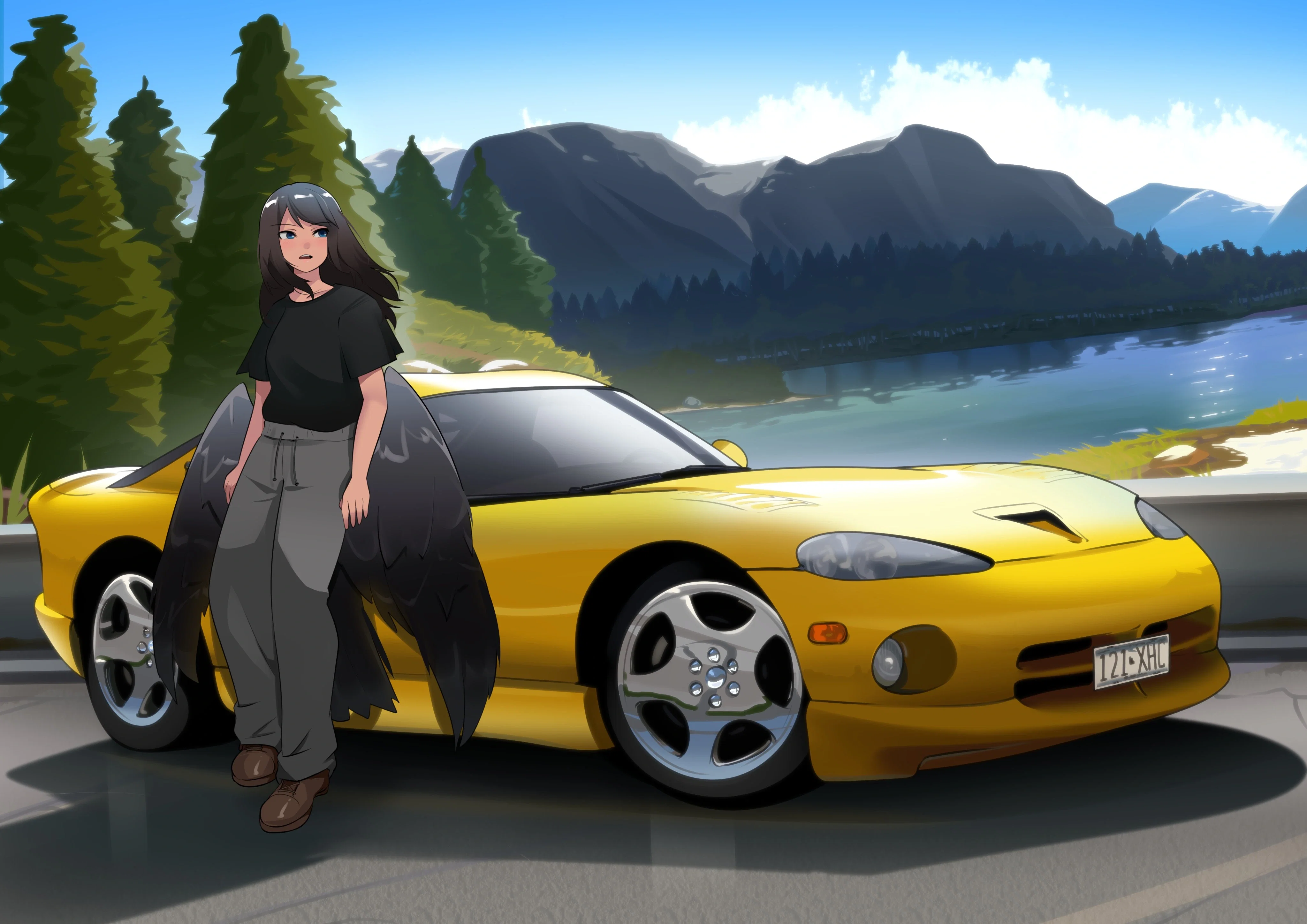 Polina in a very casual outfit near a Yellow Dodge Viper GTS sports car