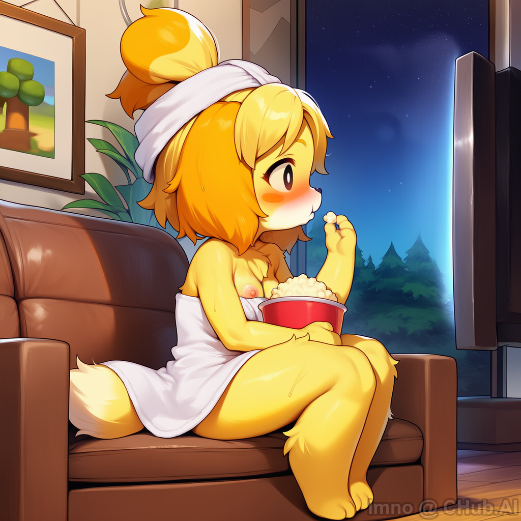 Isabelle on a couch wearing a towel, eating popcorn and watching tv.